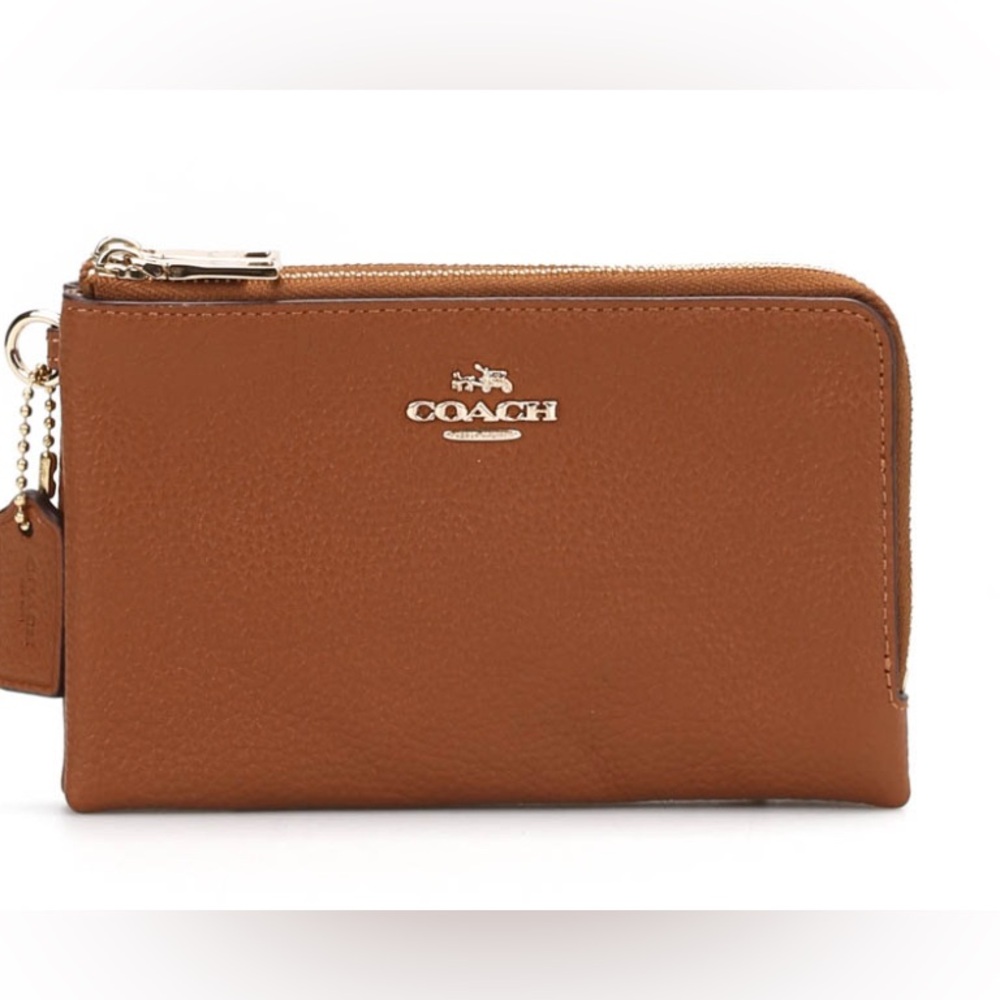COACH DOUBLE ZIPPER WRISTLET IN REDWOOD PEBBLED LEATHER WALLET